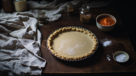 Generative AI, Homemade american traditional pumpkin pie preparing process, aesthetic muted colorsの素材