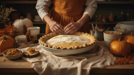Generative AI, Homemade american traditional pumpkin pie preparing process, aesthetic muted colorsの素材