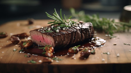 Generative AI, Grilled beef steak on the table with herbs and spices, close up macro photo, aesthetic muted colorsの素材