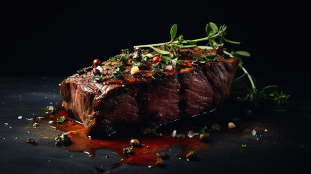 Generative AI, Grilled beef steak on the table with herbs and spices, close up macro photo, aesthetic muted colorsの素材
