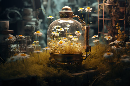 Generative AI, Essential oil extraction with distillery machine with chamomile flowersの素材