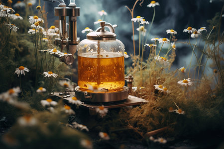Generative AI, Essential oil extraction with distillery machine with chamomile flowersの素材