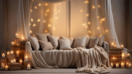 Generative AI, Luxury beige interior with Christmas golden and white decorationの素材