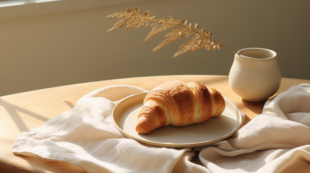 Generative AI, Fresh croissant at home interior, aesthetic muted colors, French bakeryの素材