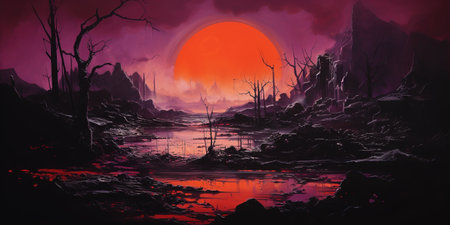 Generative AI, orange and purple vintage retro landscape, abstract graffiti street art, painting of fantasy landscapeの素材