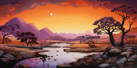 Generative AI, orange and purple vintage retro landscape, abstract graffiti street art, painting of fantasy landscapeの素材