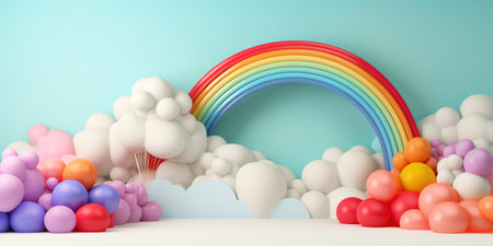 Generative AI, rainbow and colorful balloons. birthday party 3d background. Mockup template for greeting cardの素材