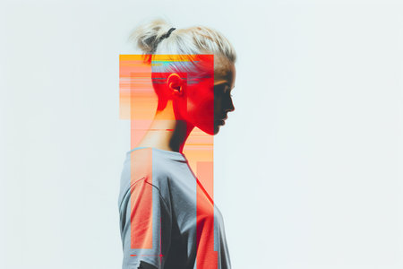 Generative AI, Poster with fashion woman face in risograph and glitch style, vivid colorsの素材