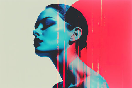 Generative AI, Poster with fashion woman face in risograph and glitch style, vivid colorsの素材