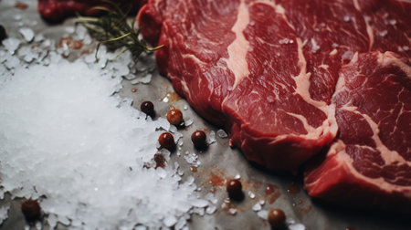 Generative AI, Raw fresh beef steak on the table with herbs and spices, close up macro photo, aesthetic muted colorsの素材