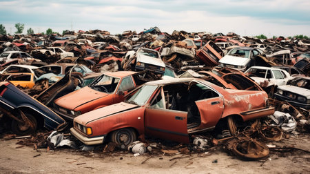Generative AI, Car dump with a lot of broken used carsの素材