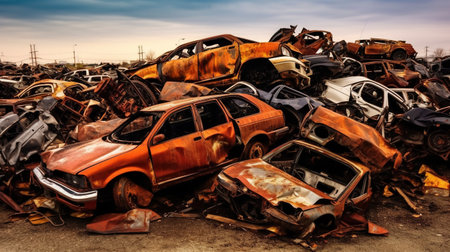 Generative AI, Car dump with a lot of broken used carsの素材