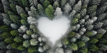 Generative AI, Misty winter fir forest with heart shape, beautiful landscape in hipster vintage retro style, evergreen trees with showの素材