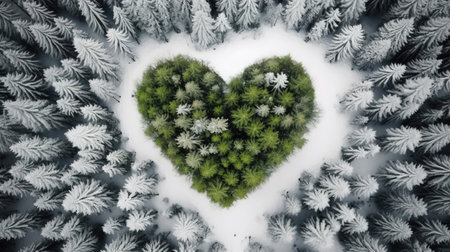 Generative AI, Misty winter fir forest with heart shape, beautiful landscape in hipster vintage retro style, evergreen trees with showの素材