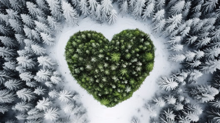 Generative AI, Misty winter fir forest with heart shape, beautiful landscape in hipster vintage retro style, evergreen trees with showの素材
