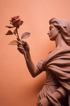 Generative AI, Photorealistic antique sculpture and flowers, muted neutral colors, 3d style ceramic statueの素材