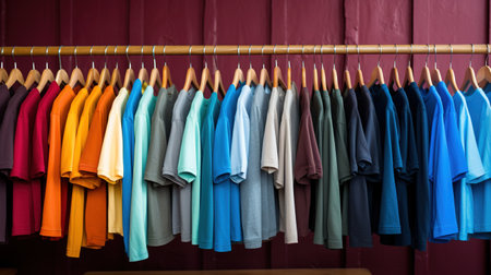 Generative AI, Colorful t-shirts on hangers, apparel background, print on demand concept, cloth storeの素材