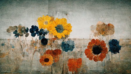 Generative AI, Colorful watercolor abstract painted flowers on vintage background. Ink street graffiti art on a textured paper, washes and brush strokes..の素材