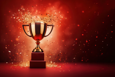 Generative AI, Winner trophy with flames, red golden champion cup with falling confetti on red background.の素材