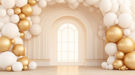 Generative AI, arch of white and golden balloons. Mock up for wedding, Christmas or other holiday 3d backgroundの素材