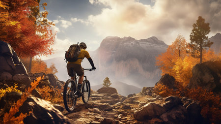 Generative AI, Mountain biking man riding on bike in mountains forest landscape, cyclistの素材