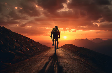 Generative AI, Mountain biking man riding on bike in mountains forest landscape, cyclistの素材