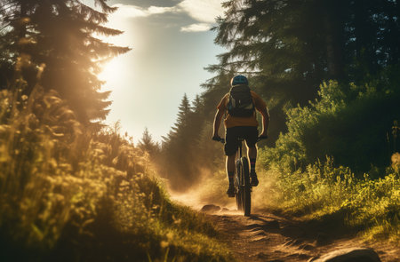 Generative AI, Mountain biking man riding on bike in mountains forest landscape, cyclistの素材