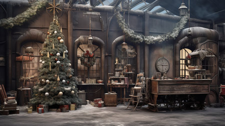 Generative AI, Christmas interior rural background, Santa Claus rustic workshopの素材