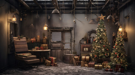 Generative AI, Christmas interior rural background, Santa Claus rustic workshopの素材