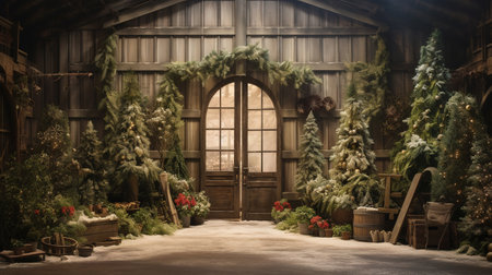 Generative AI, Christmas interior rural background, Santa Claus rustic workshopの素材