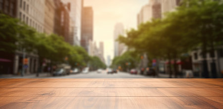 Generative AI, Empty wooden table top with blur background of a busy street, big cityの素材
