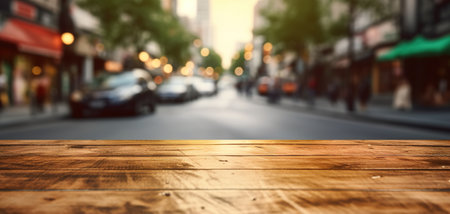 Generative AI, Empty wooden table top with blur background of a busy street, big cityの素材