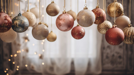 Generative AI, Christmas and new year balls on blurred background, holidays concept, festive winter season backgroundの素材