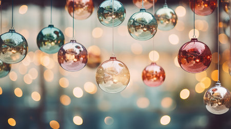 Generative AI, Christmas and new year balls on blurred background, holidays concept, festive winter season backgroundの素材