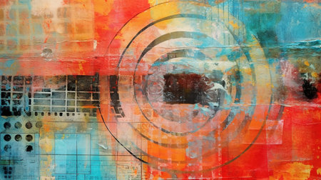 Generative AI, vintage grunge colorful collage background. Different textures and shapesの素材