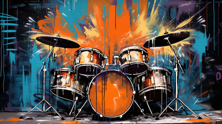 Generative AI, Jazz music street art with drums musical instrument silhouette. Ink colorful graffiti art on a textured wall, canvas background.の素材