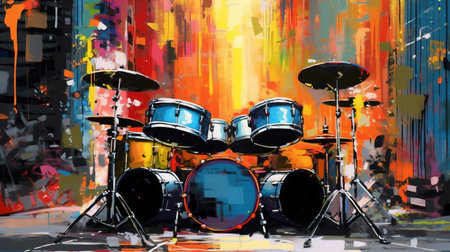 Generative AI, Jazz music street art with drums musical instrument silhouette. Ink colorful graffiti art on a textured wall, canvas background.の素材