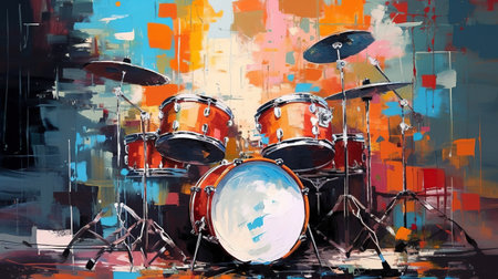 Generative AI, Jazz music street art with drums musical instrument silhouette. Ink colorful graffiti art on a textured wall, canvas background.の素材