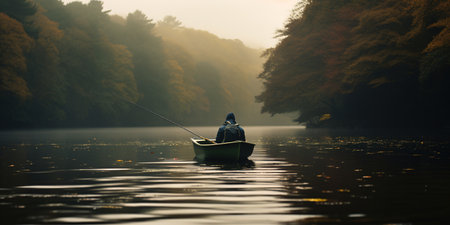 Generative AI, Fishing with rods on autumn landscape near the river, fisherman with spinning, muted colorsの素材