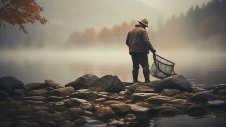 Generative AI, Fishing with rods on autumn landscape near the river, fisherman with spinning, muted colorsの素材