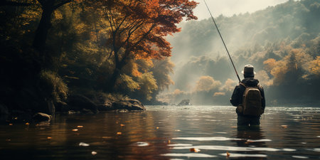 Generative AI, Fishing with rods on autumn landscape near the river, fisherman with spinning, muted colorsの素材