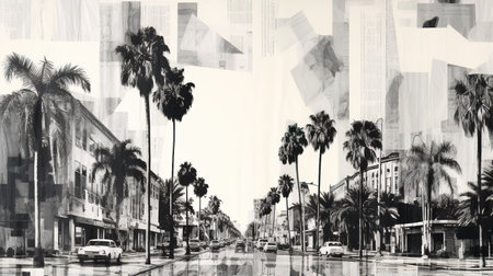Generative AI, Black and white vintage newspaper collage with Los Angeles street and palm treesの素材