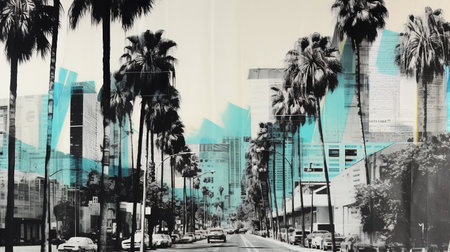 Generative AI, Black and white vintage newspaper collage with Los Angeles street and palm treesの素材