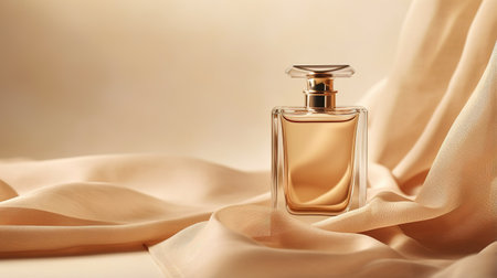 Generative AI, Bottle of perfume on a beige silk background. Glass flask with beige fragrance packaging design mock upの素材