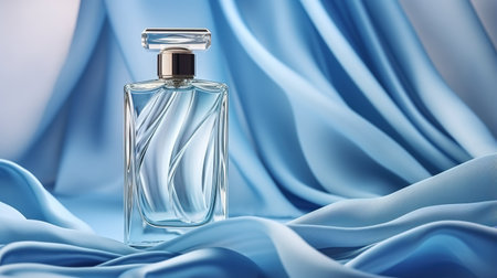 Generative AI, Bottle of perfume on a blue silk background. Glass flask with blue fragrance packaging design mock upの素材