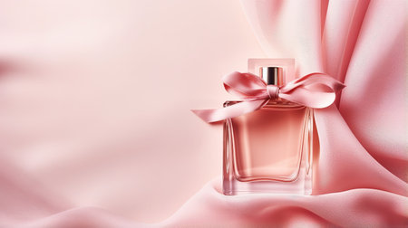 Generative AI, Bottle of perfume on a pink silk background. Glass flask with pink fragrance packaging design mock upの素材
