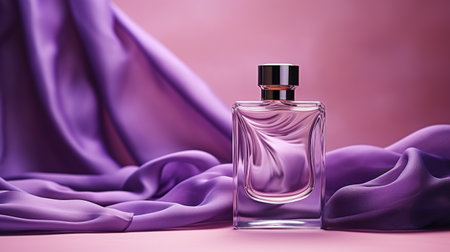 Generative AI, Bottle of perfume on a purple silk background. Glass flask with purple fragrance packaging design mock upの素材