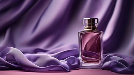 Generative AI, Bottle of perfume on a purple silk background. Glass flask with purple fragrance packaging design mock upの素材