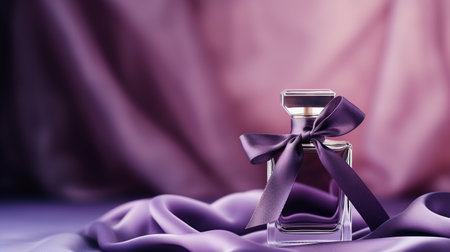 Generative AI, Bottle of perfume on a purple silk background. Glass flask with purple fragrance packaging design mock upの素材