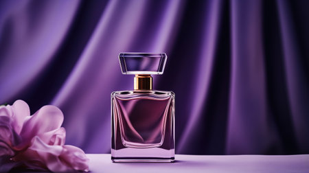 Generative AI, Bottle of perfume on a purple silk background. Glass flask with purple fragrance packaging design mock upの素材